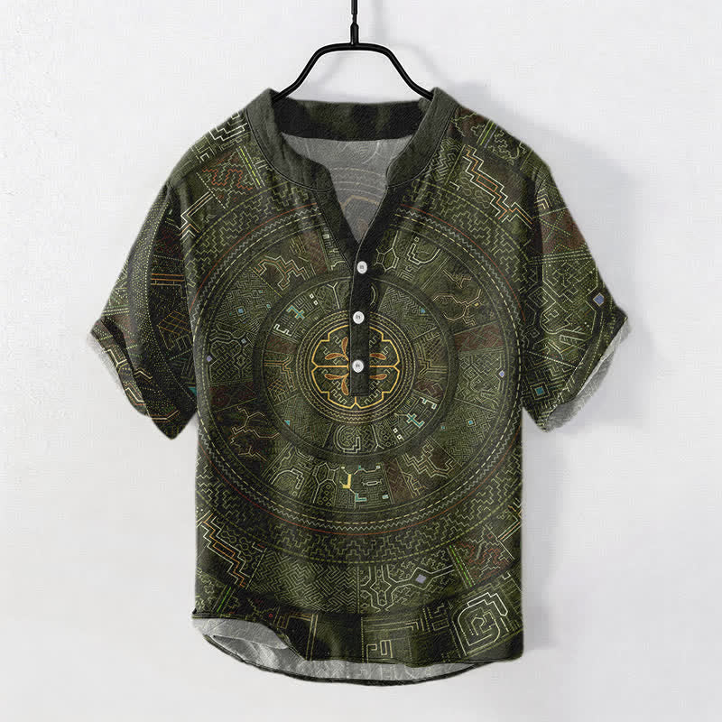 Buddha Stones Camicia da uomo a maniche corte con bottoni a mezzo bottone e motivo mandala tribale in cotone. - Verde oliva scuro - US/UK/AU50, EU60 (5XL) - image 7