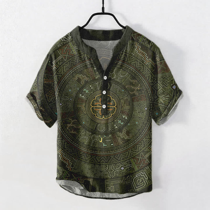 Buddha Stones Camicia da uomo a maniche corte con bottoni a mezzo bottone e motivo mandala tribale in cotone. - Verde oliva scuro - US/UK/AU50, EU60 (5XL) - image 7