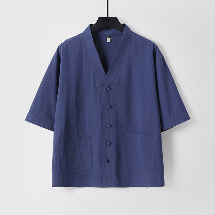 Buddha Stones Completo estivo da uomo con camicia a maniche corte, pantaloni e colletto alla coreana, coulisse, stile Tang, con tasche, ideale per la meditazione. - image 19