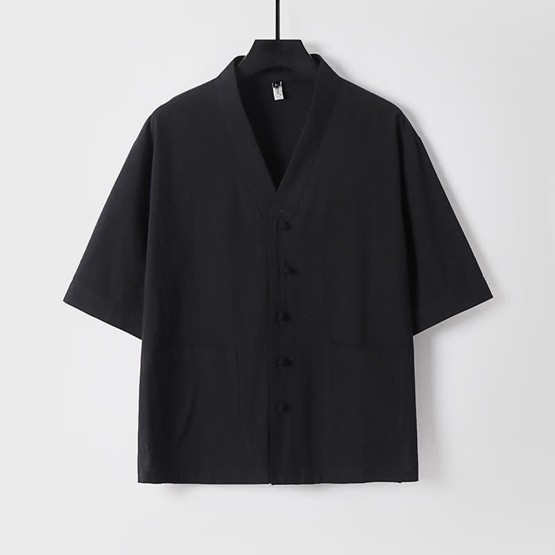 Buddha Stones Completo estivo da uomo con camicia a maniche corte, pantaloni e colletto alla coreana, coulisse, stile Tang, con tasche, ideale per la meditazione. - image 12