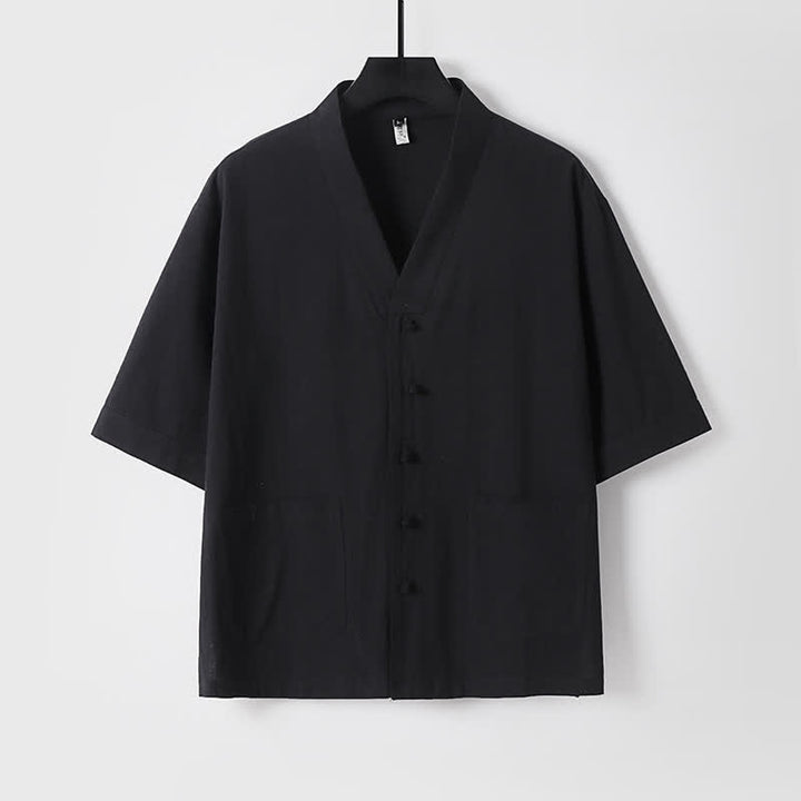 Buddha Stones Completo estivo da uomo con camicia a maniche corte, pantaloni e colletto alla coreana, coulisse, stile Tang, con tasche, ideale per la meditazione. - image 12