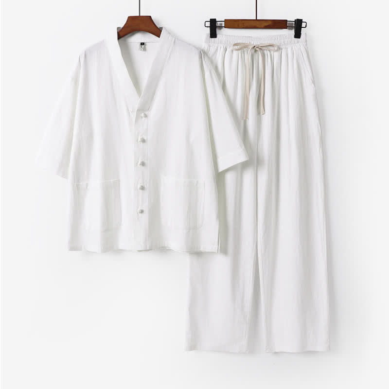 Buddha Stones Completo estivo da uomo con camicia a maniche corte, pantaloni e colletto alla coreana, coulisse, stile Tang, con tasche, ideale per la meditazione. - Bianco - US/UK/AU54, EU64 (9XL) - image 0
