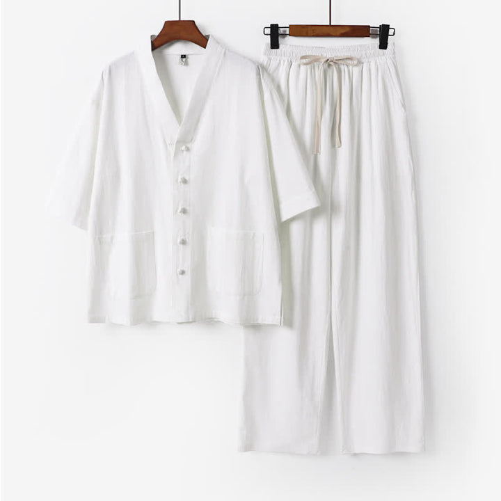 Buddha Stones Completo estivo da uomo con camicia a maniche corte, pantaloni e colletto alla coreana, coulisse, stile Tang, con tasche, ideale per la meditazione. - Bianco - US/UK/AU54, EU64 (9XL) - image 0