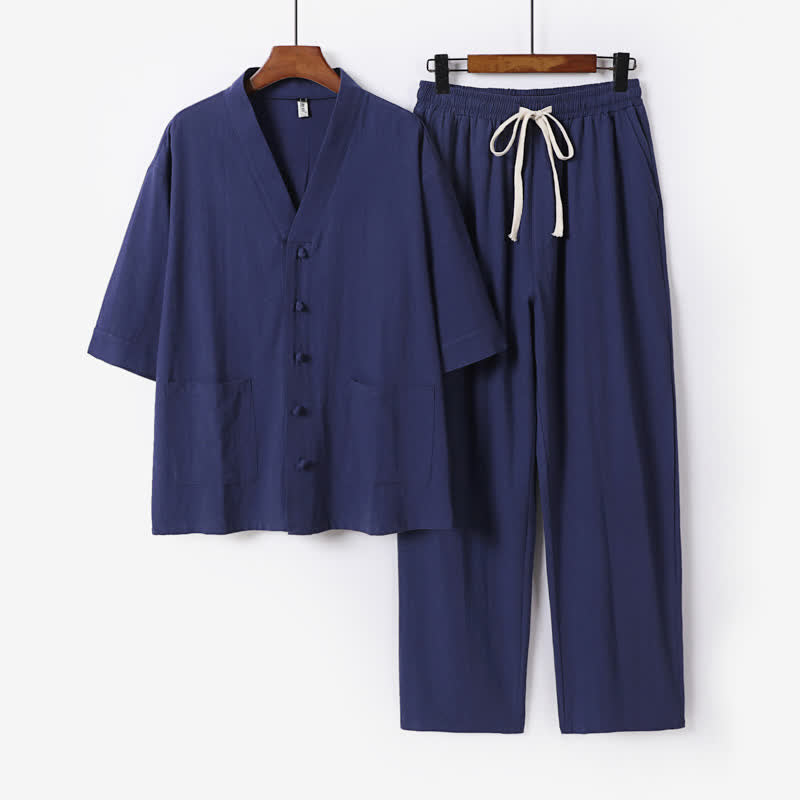 Buddha Stones Completo estivo da uomo con camicia a maniche corte, pantaloni e colletto alla coreana, coulisse, stile Tang, con tasche, ideale per la meditazione. - Blu notte - US/UK/AU54, EU64 (9XL) - image 18