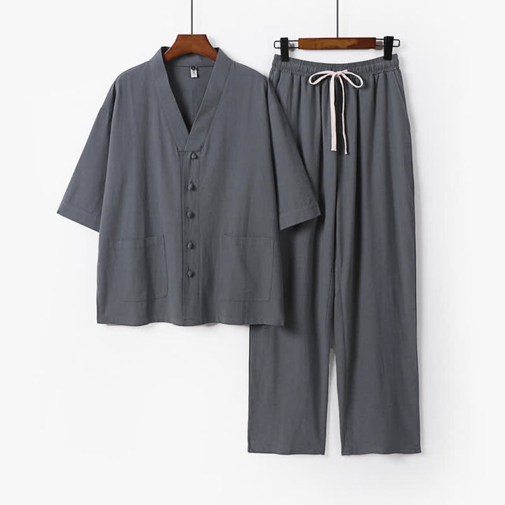 Buddha Stones Completo estivo da uomo con camicia a maniche corte, pantaloni e colletto alla coreana, coulisse, stile Tang, con tasche, ideale per la meditazione. - Grigio ardesia - US/UK/AU54, EU64 (9XL) - image 8