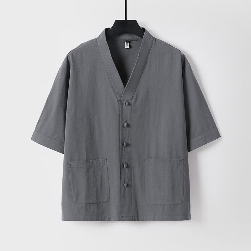 Buddha Stones Completo estivo da uomo con camicia a maniche corte, pantaloni e colletto alla coreana, coulisse, stile Tang, con tasche, ideale per la meditazione. - image 9