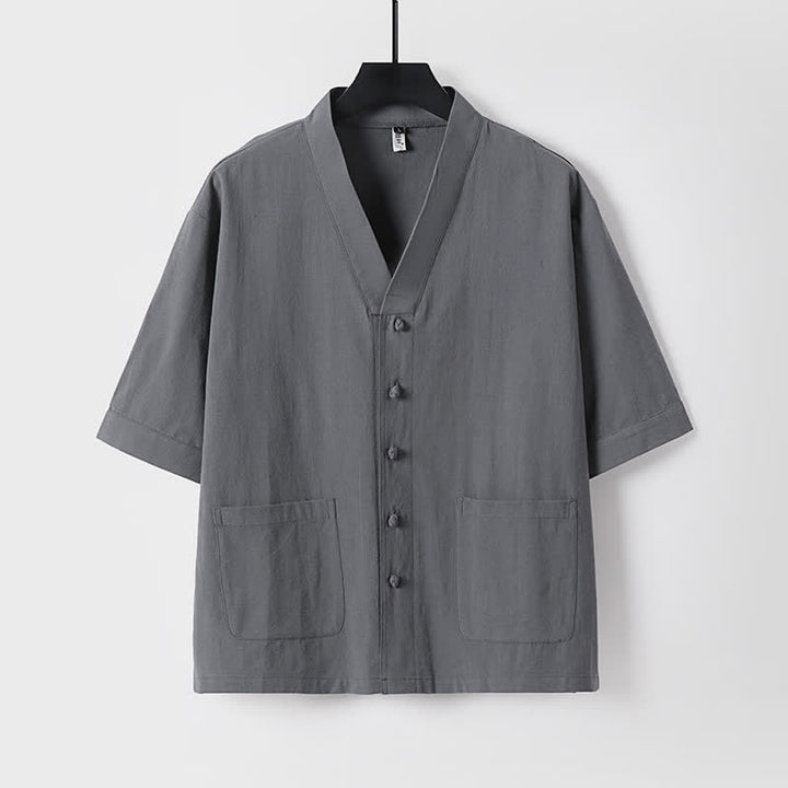 Buddha Stones Completo estivo da uomo con camicia a maniche corte, pantaloni e colletto alla coreana, coulisse, stile Tang, con tasche, ideale per la meditazione. - image 9