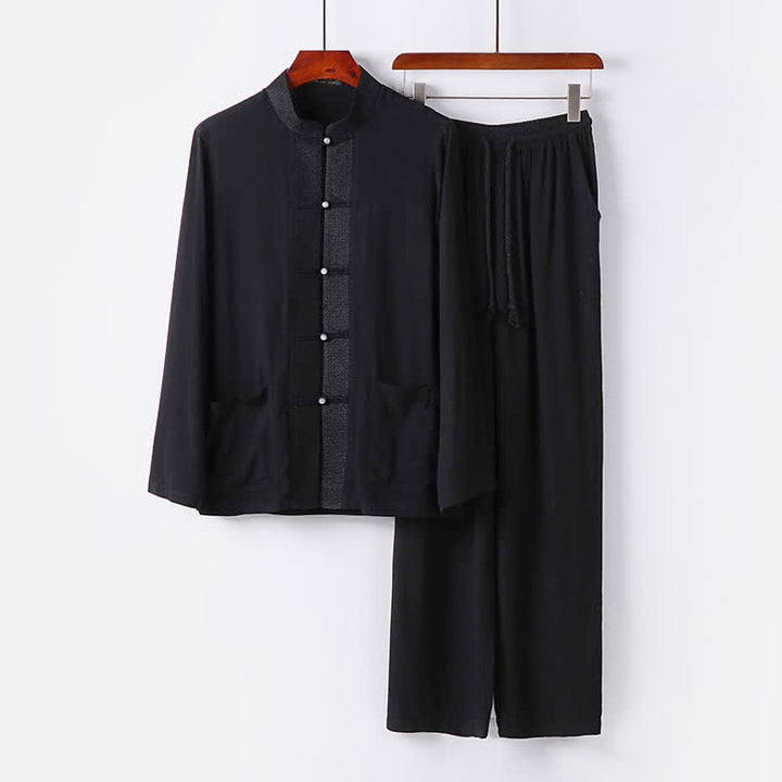 Buddha Stones Completo da uomo composto da 2 pezzi: camicia a maniche lunghe, pantaloni, colletto alla coreana, bottoni a rana, stile Spring Tang, tinta unita, ideale per la meditazione, con tasche. - Nero - US/UK/AU48, EU58 (6XL) - image 12