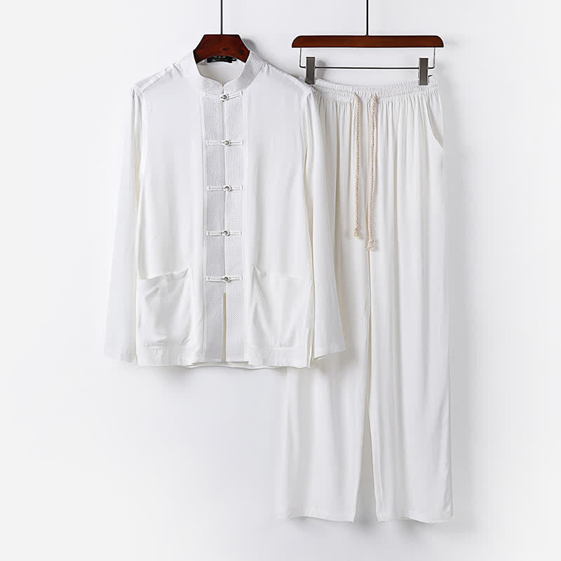 Buddha Stones Completo da uomo composto da 2 pezzi: camicia a maniche lunghe, pantaloni, colletto alla coreana, bottoni a rana, stile Spring Tang, tinta unita, ideale per la meditazione, con tasche. - Bianco - US/UK/AU48, EU58 (6XL) - image 17