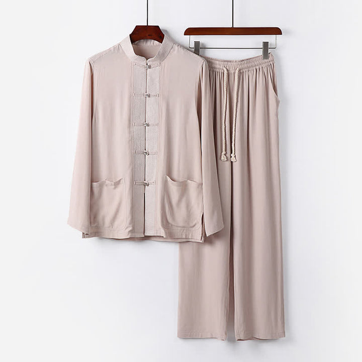 Buddha Stones Completo da uomo composto da 2 pezzi: camicia a maniche lunghe, pantaloni, colletto alla coreana, bottoni a rana, stile Spring Tang, tinta unita, ideale per la meditazione, con tasche. - Beige - US/UK/AU48, EU58 (6XL) - image 0