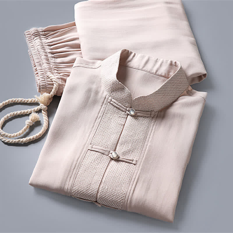 Buddha Stones Completo da uomo composto da 2 pezzi: camicia a maniche lunghe, pantaloni, colletto alla coreana, bottoni a rana, stile Spring Tang, tinta unita, ideale per la meditazione, con tasche. - image 3