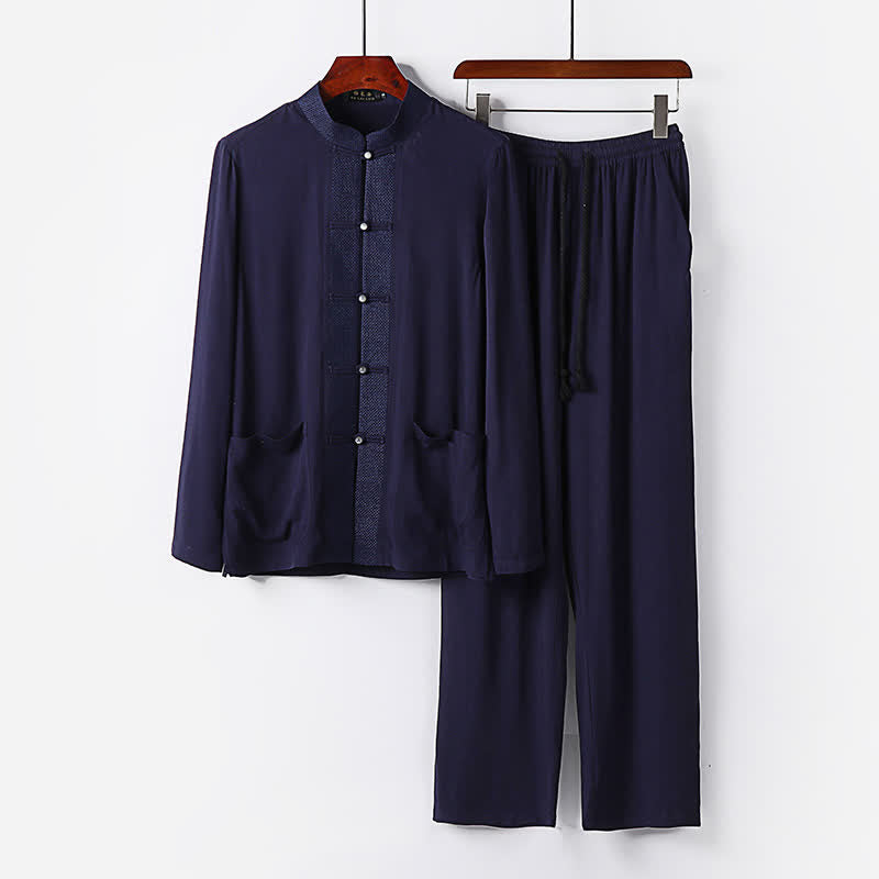 Buddha Stones Completo da uomo composto da 2 pezzi: camicia a maniche lunghe, pantaloni, colletto alla coreana, bottoni a rana, stile Spring Tang, tinta unita, ideale per la meditazione, con tasche. - Blu notte - US/UK/AU48, EU58 (6XL) - image 14