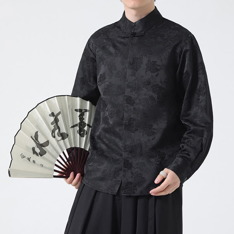 Buddha Stones Elegante camicia da uomo a maniche lunghe con colletto alla coreana e stampa floreale, stile Tang, per l'autunno. - Nero - US/UK/AU44, EU54 (4XL) - image 0