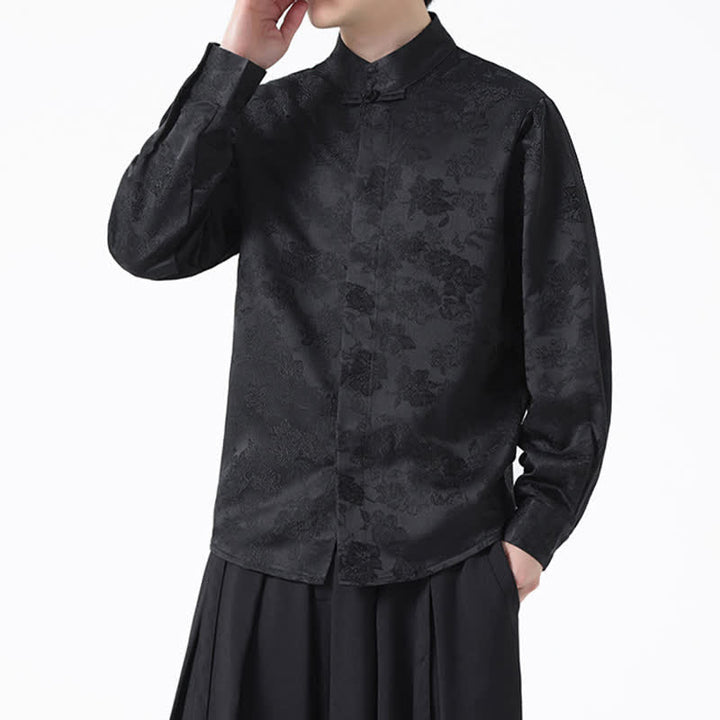 Buddha Stones Elegante camicia da uomo a maniche lunghe con colletto alla coreana e stampa floreale, stile Tang, per l'autunno. - image 4