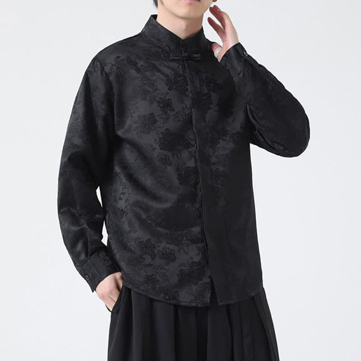 Buddha Stones Elegante camicia da uomo a maniche lunghe con colletto alla coreana e stampa floreale, stile Tang, per l'autunno. - image 2