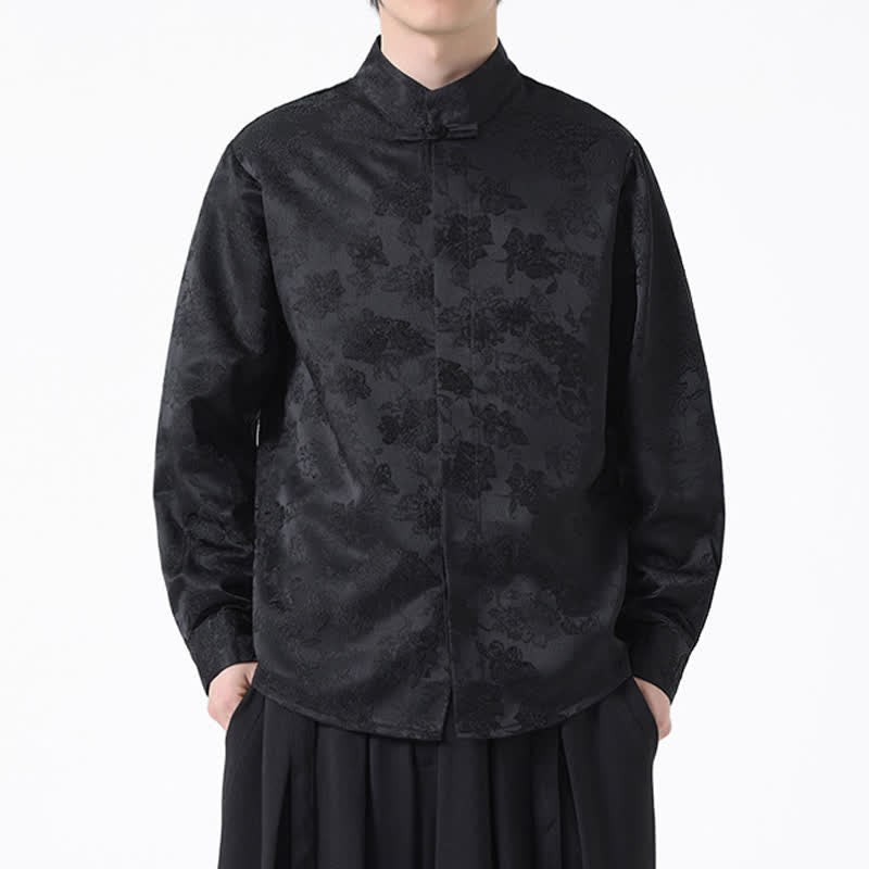 Buddha Stones Elegante camicia da uomo a maniche lunghe con colletto alla coreana e stampa floreale, stile Tang, per l'autunno. - image 1