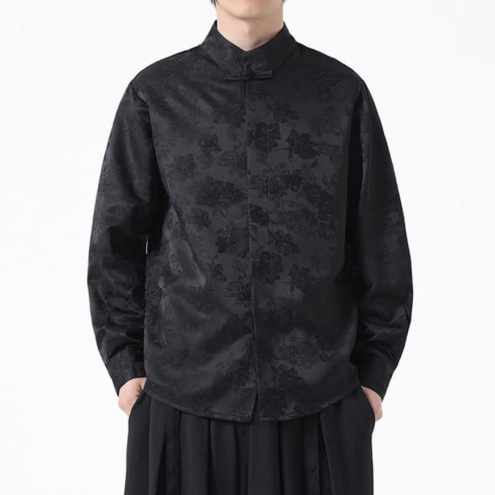 Buddha Stones Elegante camicia da uomo a maniche lunghe con colletto alla coreana e stampa floreale, stile Tang, per l'autunno. - image 1