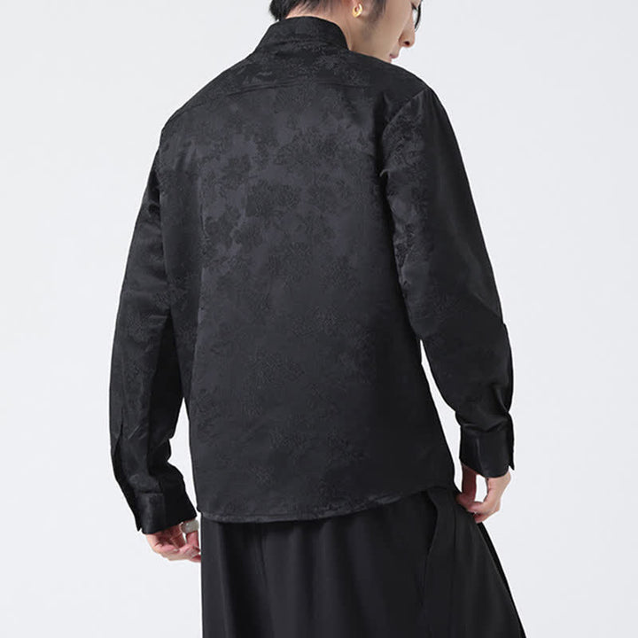 Buddha Stones Elegante camicia da uomo a maniche lunghe con colletto alla coreana e stampa floreale, stile Tang, per l'autunno. - image 3