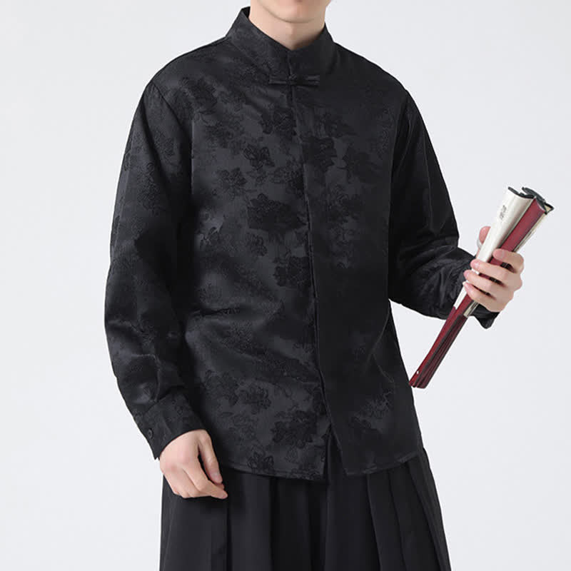 Buddha Stones Elegante camicia da uomo a maniche lunghe con colletto alla coreana e stampa floreale, stile Tang, per l'autunno. - image 6