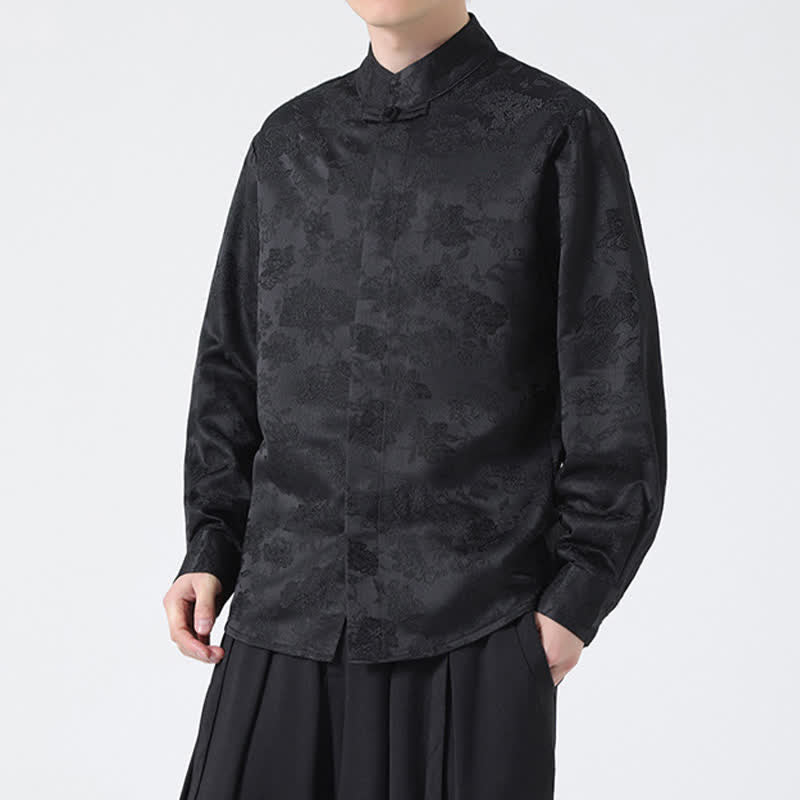 Buddha Stones Elegante camicia da uomo a maniche lunghe con colletto alla coreana e stampa floreale, stile Tang, per l'autunno. - image 5