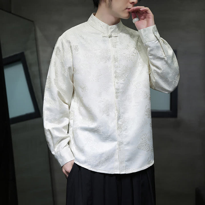 Buddha Stones Elegante camicia da uomo a maniche lunghe con colletto alla coreana e stampa floreale, stile Tang, per l'autunno. - image 14