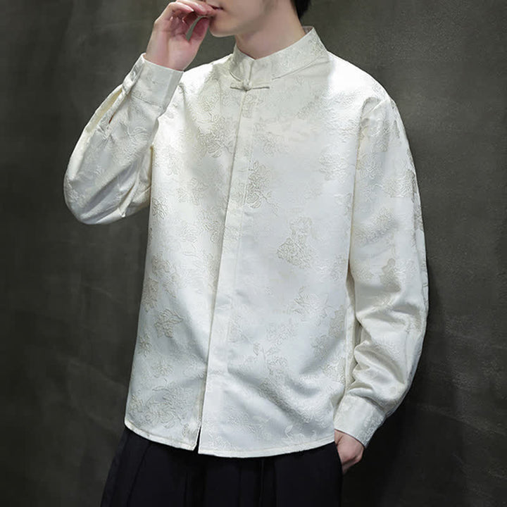 Buddha Stones Elegante camicia da uomo a maniche lunghe con colletto alla coreana e stampa floreale, stile Tang, per l'autunno. - image 20