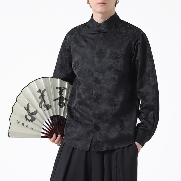 Buddha Stones Elegante camicia da uomo a maniche lunghe con colletto alla coreana e stampa floreale, stile Tang, per l'autunno. - image 8