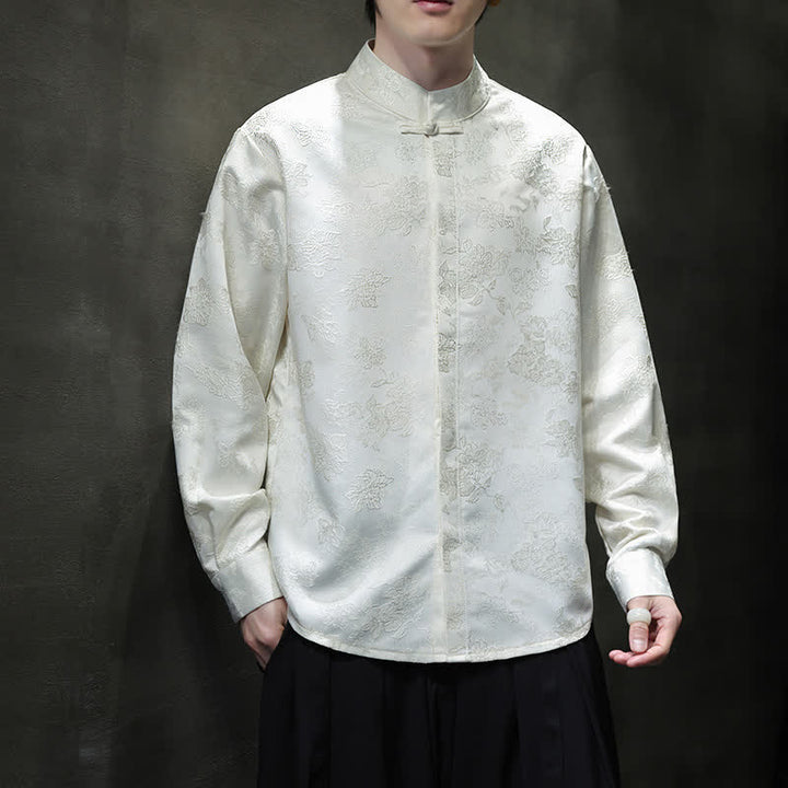 Buddha Stones Elegante camicia da uomo a maniche lunghe con colletto alla coreana e stampa floreale, stile Tang, per l'autunno. - Bianco - US/UK/AU44, EU54 (4XL) - image 13
