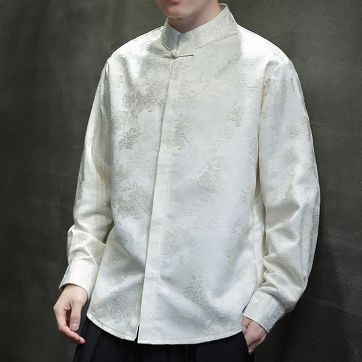 Buddha Stones Elegante camicia da uomo a maniche lunghe con colletto alla coreana e stampa floreale, stile Tang, per l'autunno. - image 17