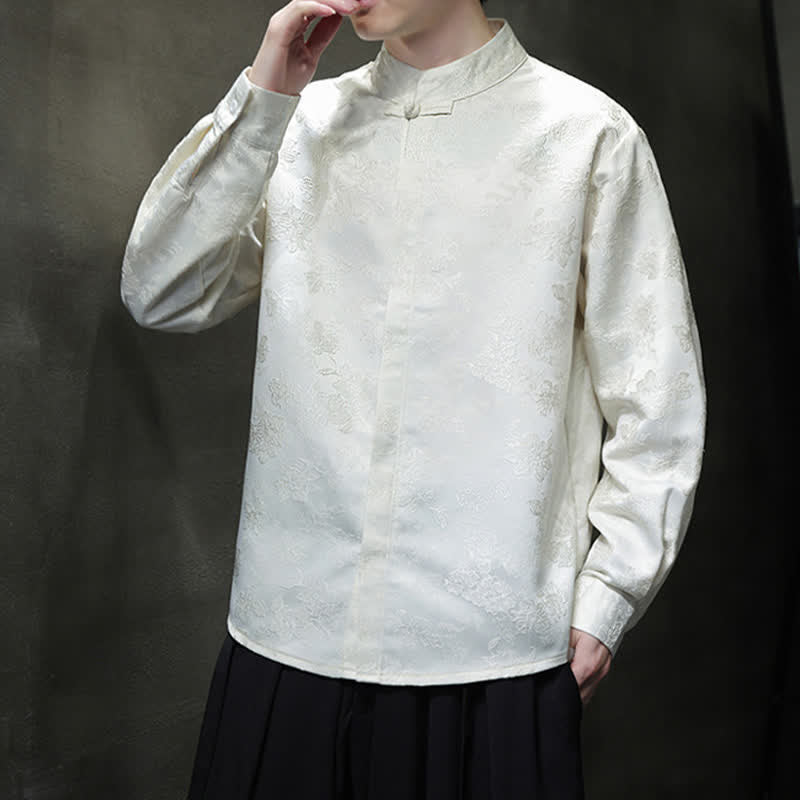 Buddha Stones Elegante camicia da uomo a maniche lunghe con colletto alla coreana e stampa floreale, stile Tang, per l'autunno. - image 19