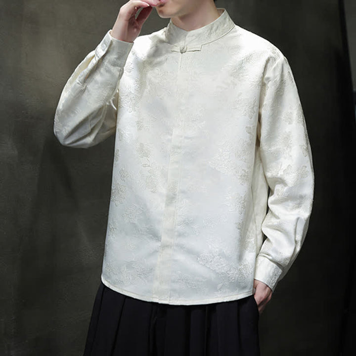 Buddha Stones Elegante camicia da uomo a maniche lunghe con colletto alla coreana e stampa floreale, stile Tang, per l'autunno. - image 19