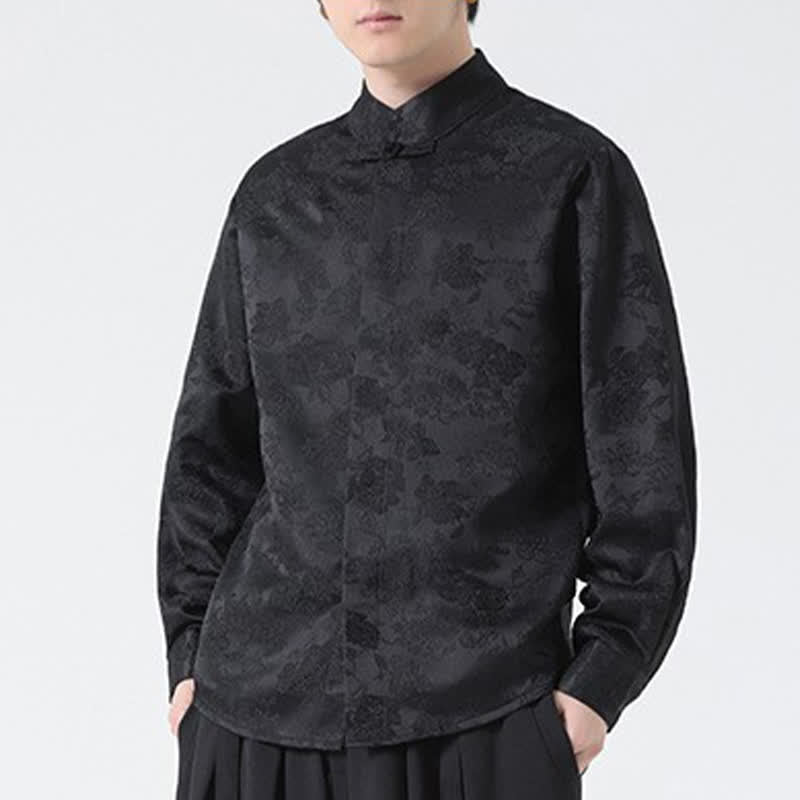 Buddha Stones Elegante camicia da uomo a maniche lunghe con colletto alla coreana e stampa floreale, stile Tang, per l'autunno. - image 7