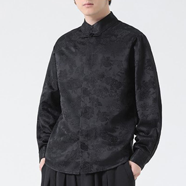 Buddha Stones Elegante camicia da uomo a maniche lunghe con colletto alla coreana e stampa floreale, stile Tang, per l'autunno. - image 7