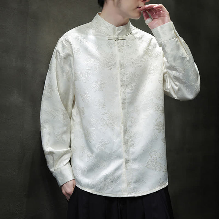 Buddha Stones Elegante camicia da uomo a maniche lunghe con colletto alla coreana e stampa floreale, stile Tang, per l'autunno. - image 18