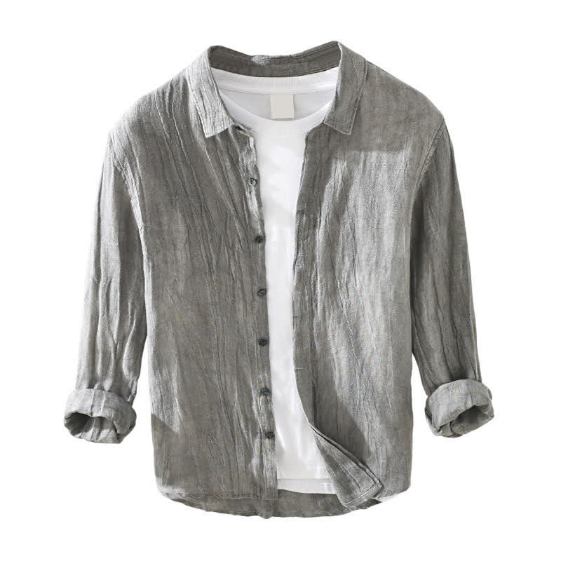 Buddha Stones Camicia da uomo a maniche lunghe in lino tinta unita, casual, primaverile, con bottoni. - image 2