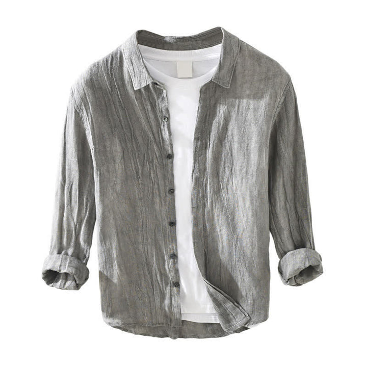 Buddha Stones Camicia da uomo a maniche lunghe in lino tinta unita, casual, primaverile, con bottoni. - image 2