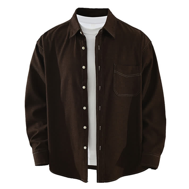 Buddha Stones Camicia da uomo a maniche lunghe, tinta unita, con taschino applicato, ideale per l'autunno. - Marrone sella - US/UK/AU42, EU52 (3XL) - image 12