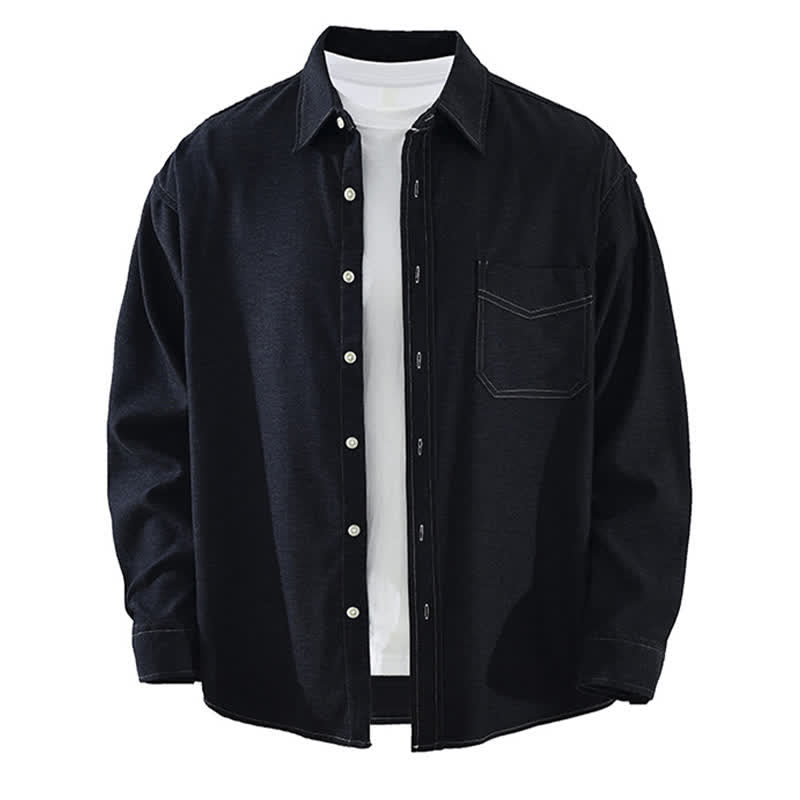 Buddha Stones Camicia da uomo a maniche lunghe, tinta unita, con taschino applicato, ideale per l'autunno. - Blu notte - US/UK/AU42, EU52 (3XL) - image 13