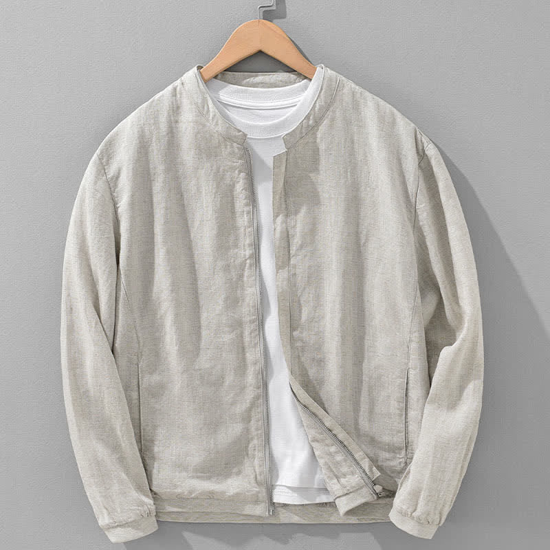 Buddha Stones Giacca da uomo primaverile/estiva casual minimalista con collo alla coreana, chiusura a zip e tasche, tinta unita. - Beige - US/UK/AU42, EU52 (3XL) - image 0