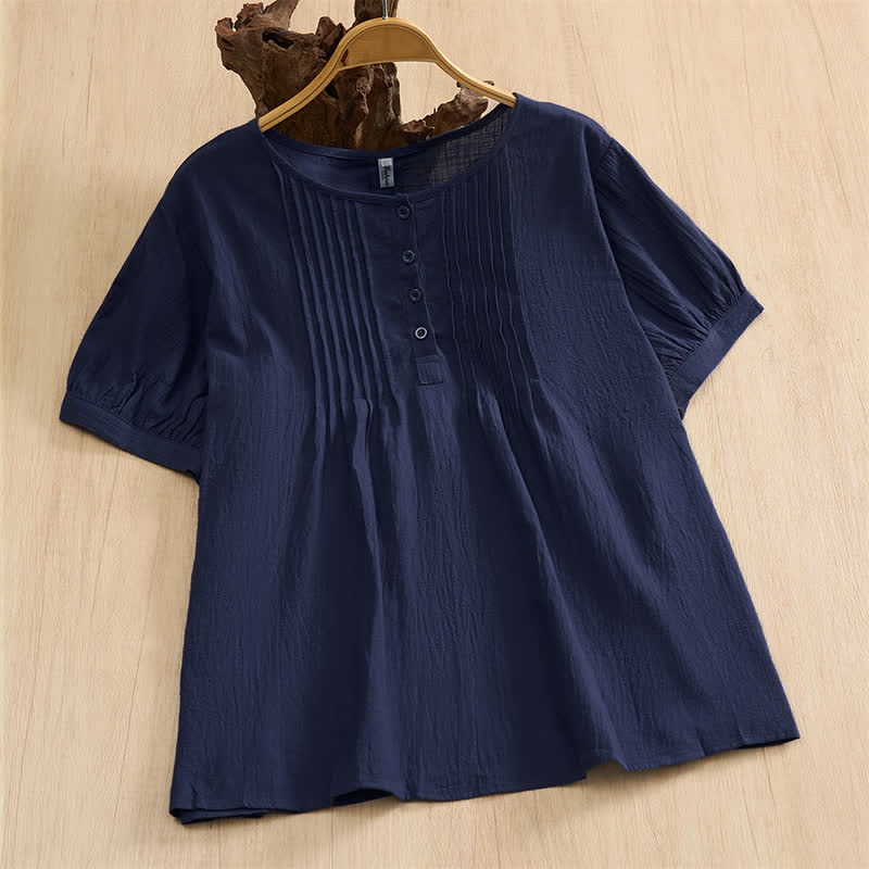 Buddha Stones Camicia da donna estiva casual minimalista a maniche corte in cotone tinta unita con bottoni. - Blu mezzanotte - US16, UK/AU20, EU48 (5XL) - image 0