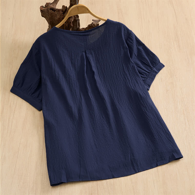 Buddha Stones Camicia da donna estiva casual minimalista a maniche corte in cotone tinta unita con bottoni. - image 1