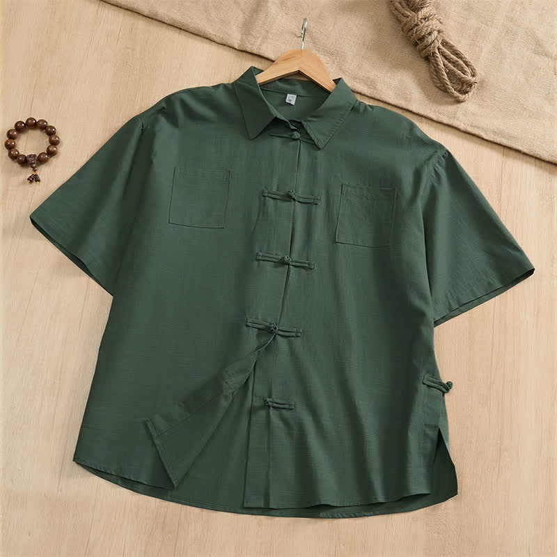 Buddha Stones Camicia da uomo estiva casual a maniche corte con bottoni a rana, tinta unita e tasche applicate, stile Tang. - Verde mare - US/UK/AU46, EU56 (5XL) - image 8