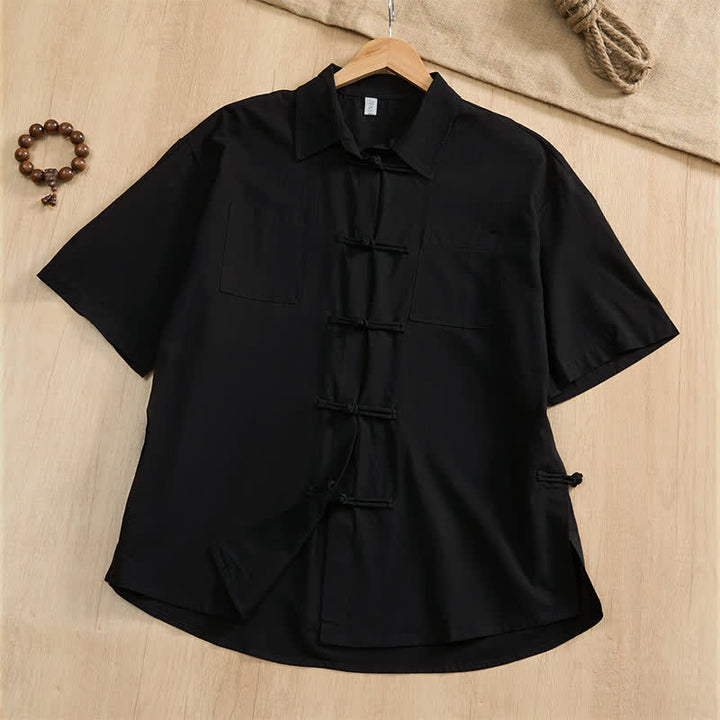 Buddha Stones Camicia da uomo estiva casual a maniche corte con bottoni a rana, tinta unita e tasche applicate, stile Tang. - Nero - US/UK/AU46, EU56 (5XL) - image 17