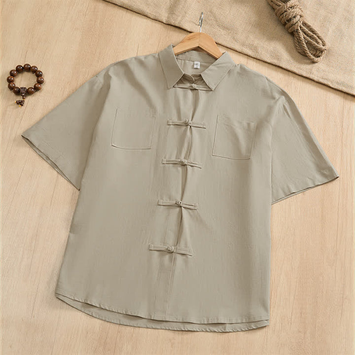Buddha Stones Camicia da uomo estiva casual a maniche corte con bottoni a rana, tinta unita e tasche applicate, stile Tang. - Beige - US/UK/AU46, EU56 (5XL) - image 24