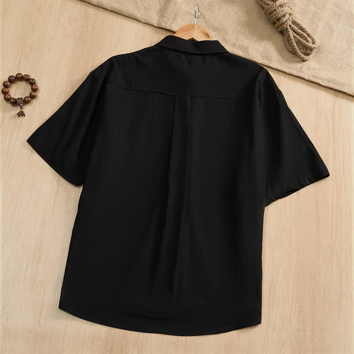 Buddha Stones Camicia da uomo estiva casual a maniche corte con bottoni a rana, tinta unita e tasche applicate, stile Tang. - image 18