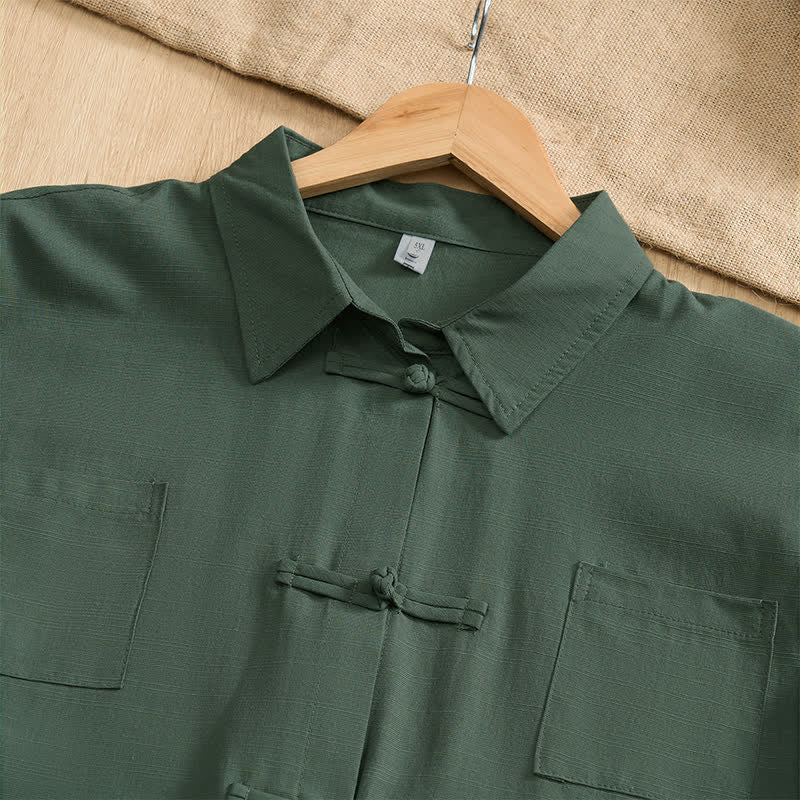Buddha Stones Camicia da uomo estiva casual a maniche corte con bottoni a rana, tinta unita e tasche applicate, stile Tang. - image 10