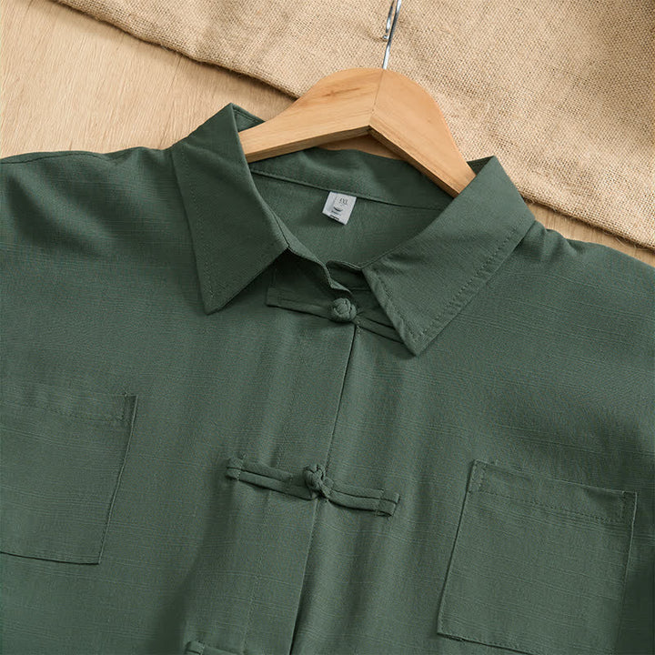 Buddha Stones Camicia da uomo estiva casual a maniche corte con bottoni a rana, tinta unita e tasche applicate, stile Tang. - image 10