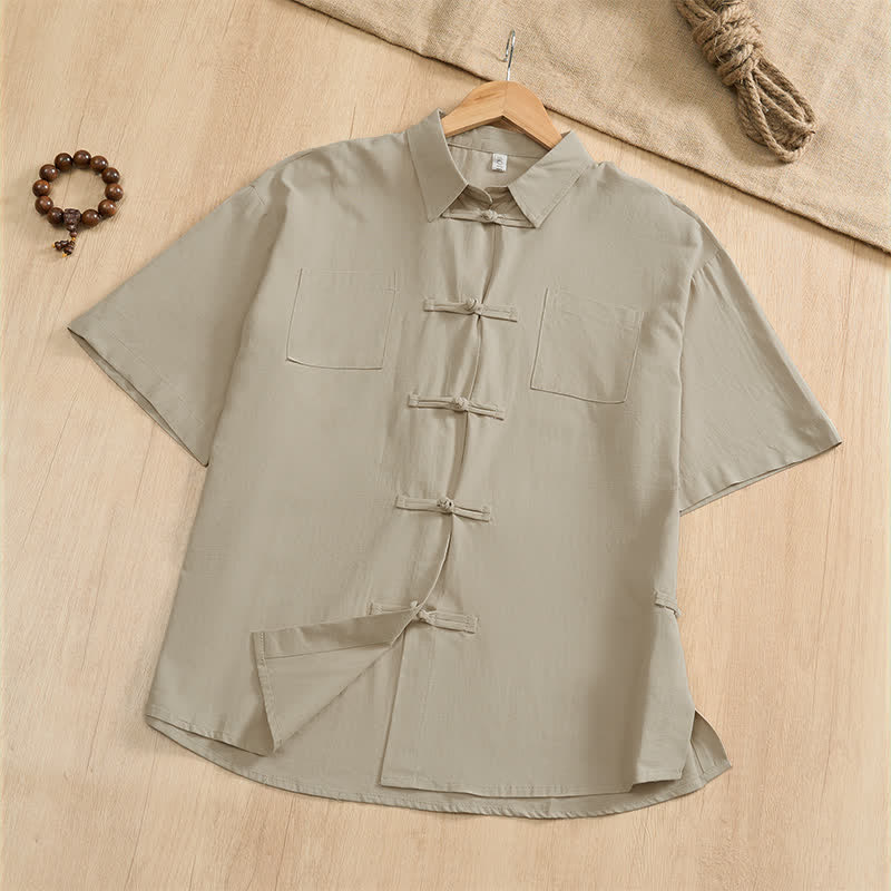 Buddha Stones Camicia da uomo estiva casual a maniche corte con bottoni a rana, tinta unita e tasche applicate, stile Tang. - image 25