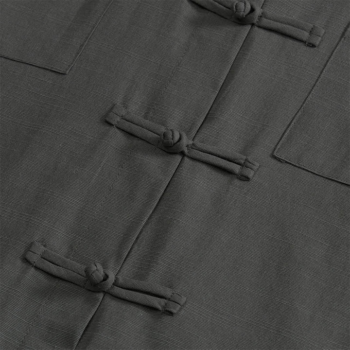Buddha Stones Camicia da uomo estiva casual a maniche corte con bottoni a rana, tinta unita e tasche applicate, stile Tang. - image 4