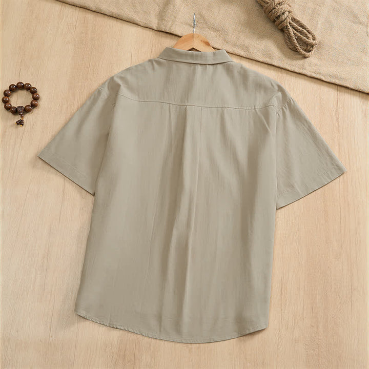 Buddha Stones Camicia da uomo estiva casual a maniche corte con bottoni a rana, tinta unita e tasche applicate, stile Tang. - image 26